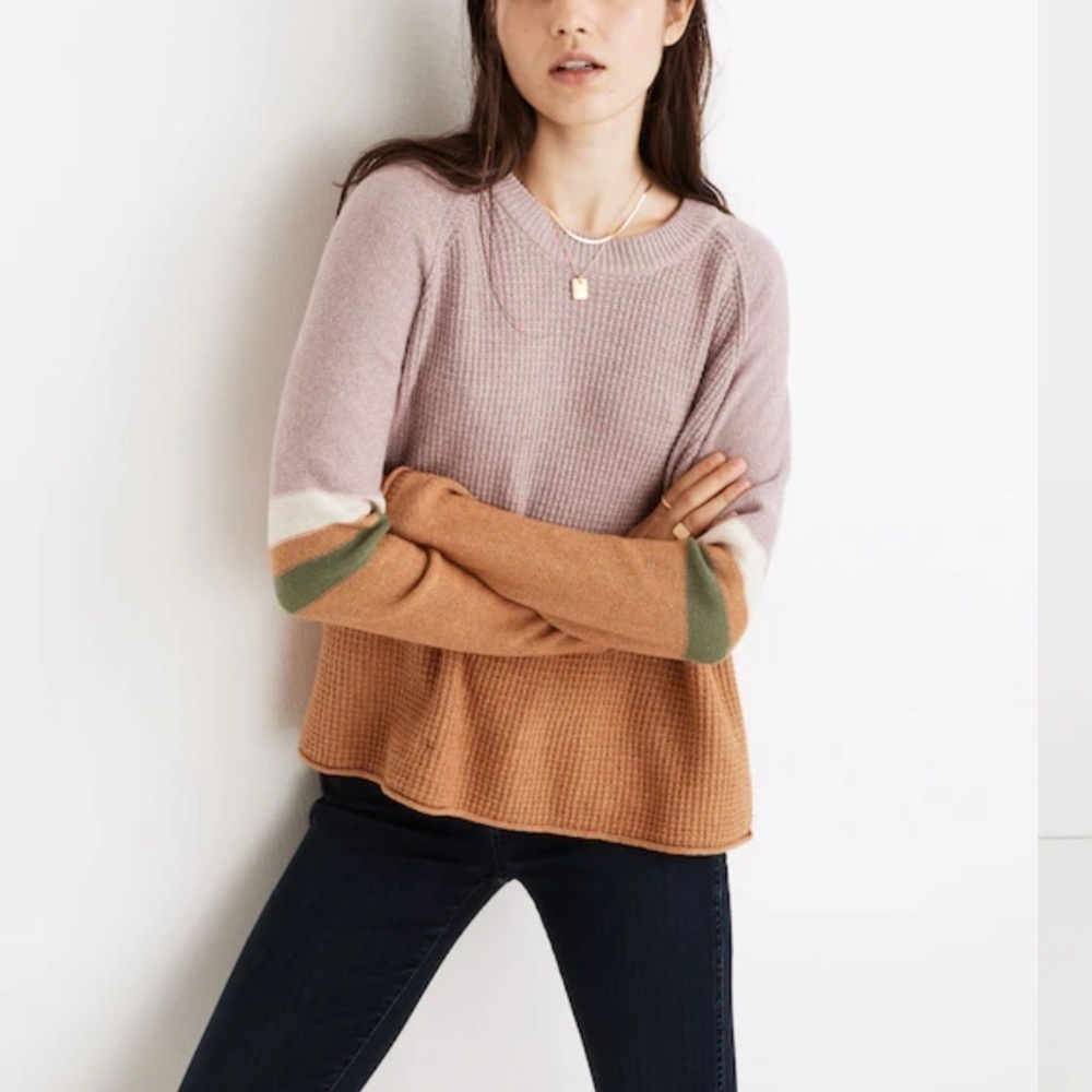 Madewell Striped Roll-Trim Waffle Pullover Sweater Cotton-Merino 41844